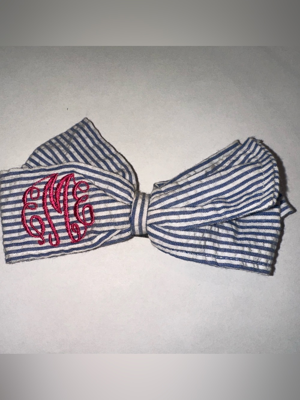 Monogrammed Hair Bow EME Blue White Seersucker Pink Embroidered Barrette Clip